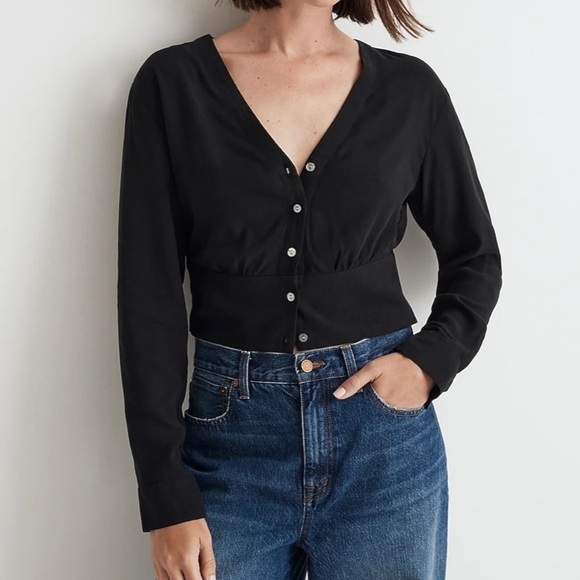 Madewell V Neck Button Front Shirt NO457 Black M - Picture 1 of 8